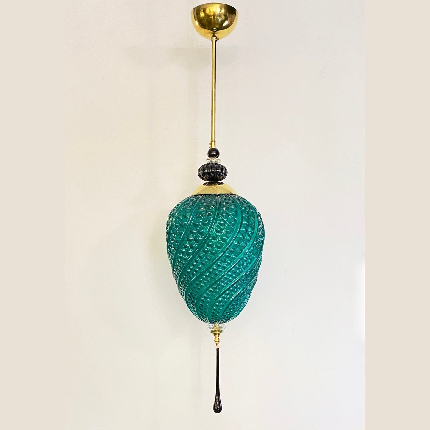 Bespoke Italian Oval Black Crystal Green Murano Glass Brass Egg Pendant Light