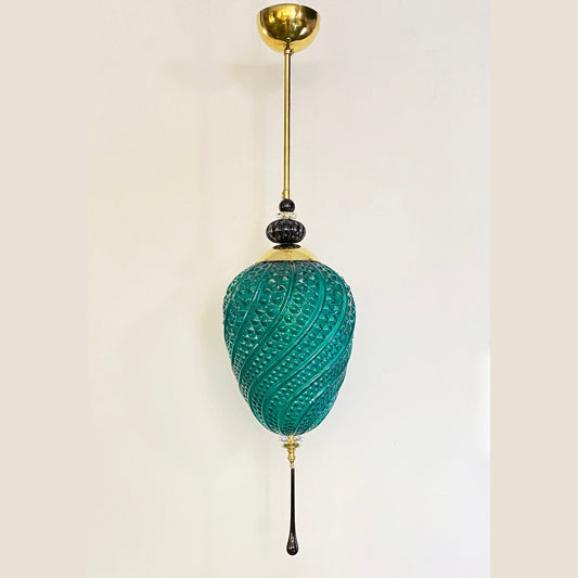 Bespoke Italian Oval Black Crystal Green Murano Glass Brass Egg Pendant Light