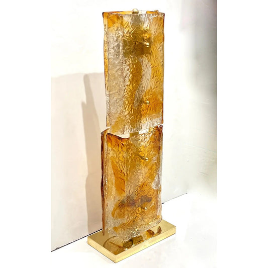 1970s Italy Sculpture Pair Amber Orange Scroll Pattern Murano Glass Tall Lamps