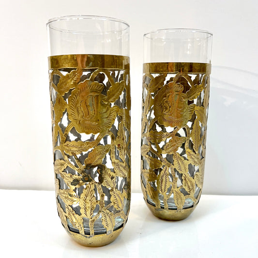 1960s Mexican Pair Drinking Glasses Encased in Etched Cutwork Floral Brass Decor