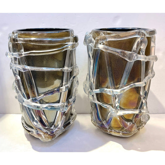 Cenedese Italian Modern Pair of Iridescent Black Gold Crystal Murano Glass Vases