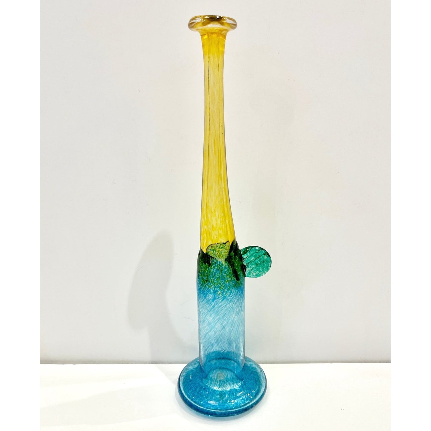 1970s Bertil Vallien Swedish Blue Green Yellow Art Glass Vase for Kosta Boda