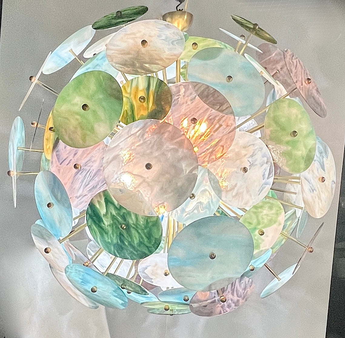 Italian Monumental Blue Pink Pastel Murano Glass Round Brass Sputnik Chandelier