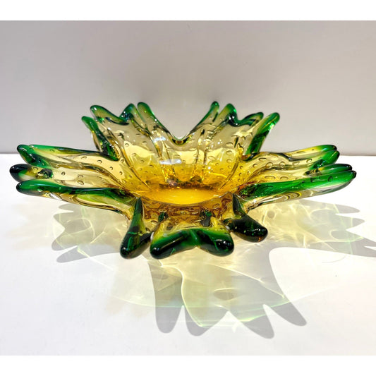 1970s Vintage Italian Green & Amber Murano Glass Star Shaped Bowl /Vide-Poche