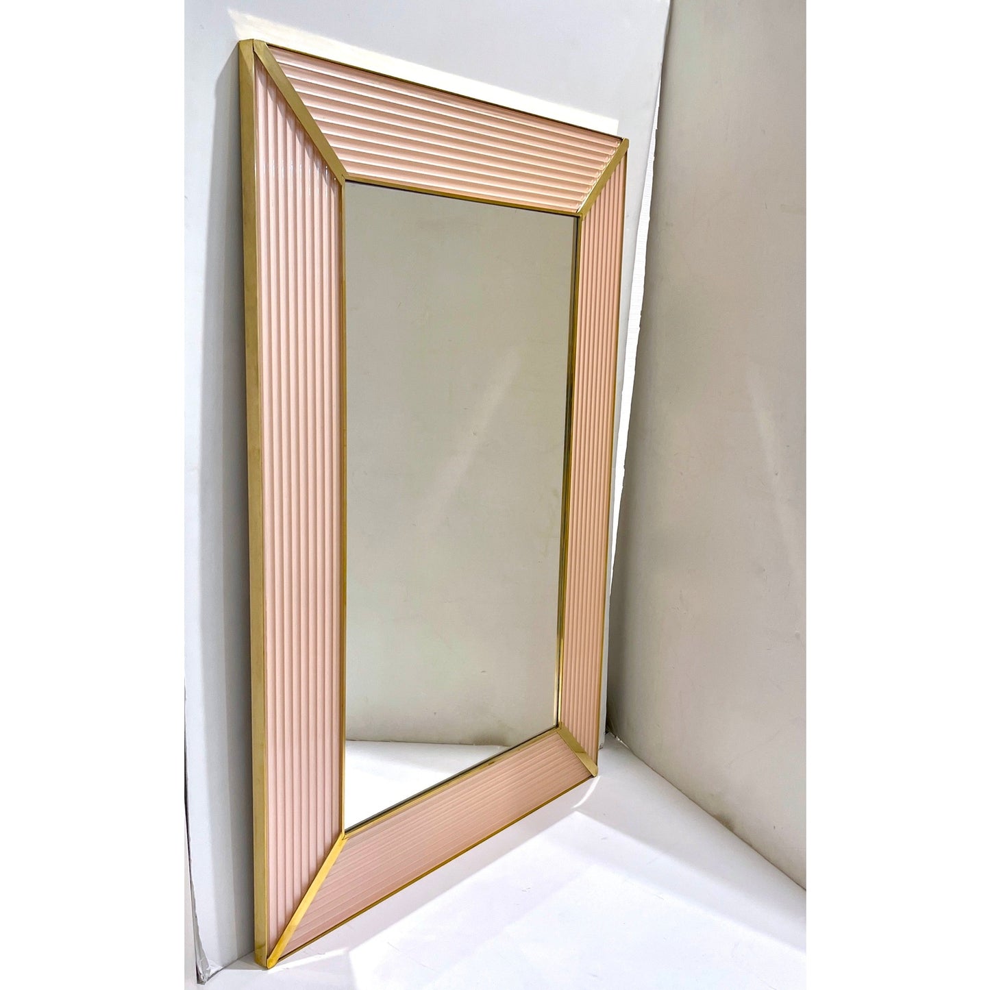 Bespoke Italian Art Deco Design Iridescent Pink Fluted Murano Glass Brass Mirror