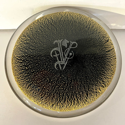 1980 Italian Crystal & Black Murano Glass Round Box Worked with 24Kt Gold Dust