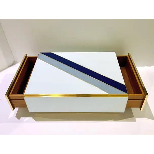 Custom Italian Art Design 2-Drawer Grey Blue Stripe White Glass Low Coffee Table