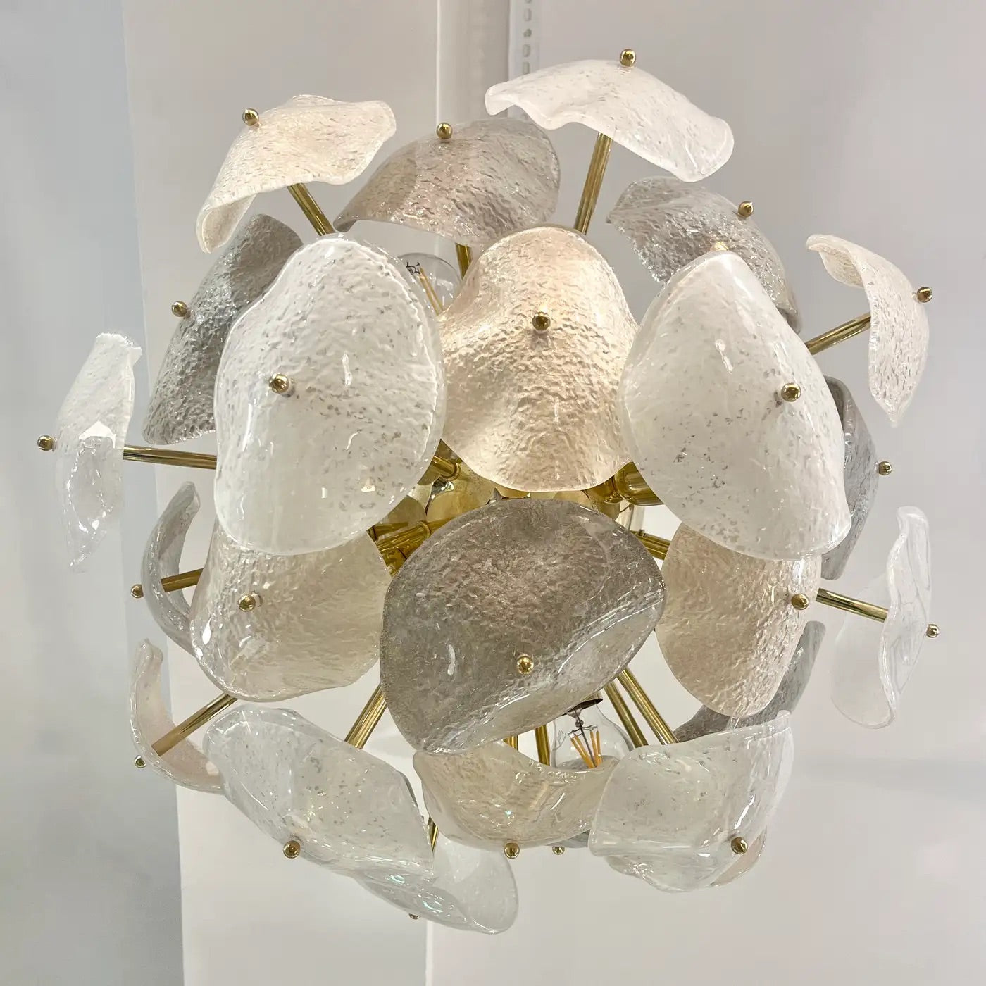Modernist Italian Gray White Light Beige Murano Glass Leaf Sputnik Flush Mount