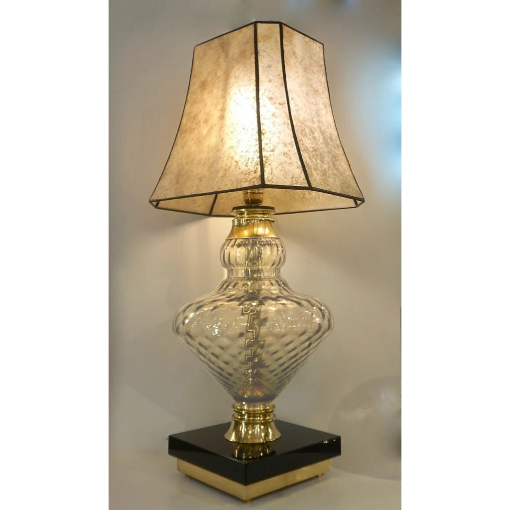1980 Italian Vintage Pair of Smoked Murano Glass Lamps with Black & Brass Accent