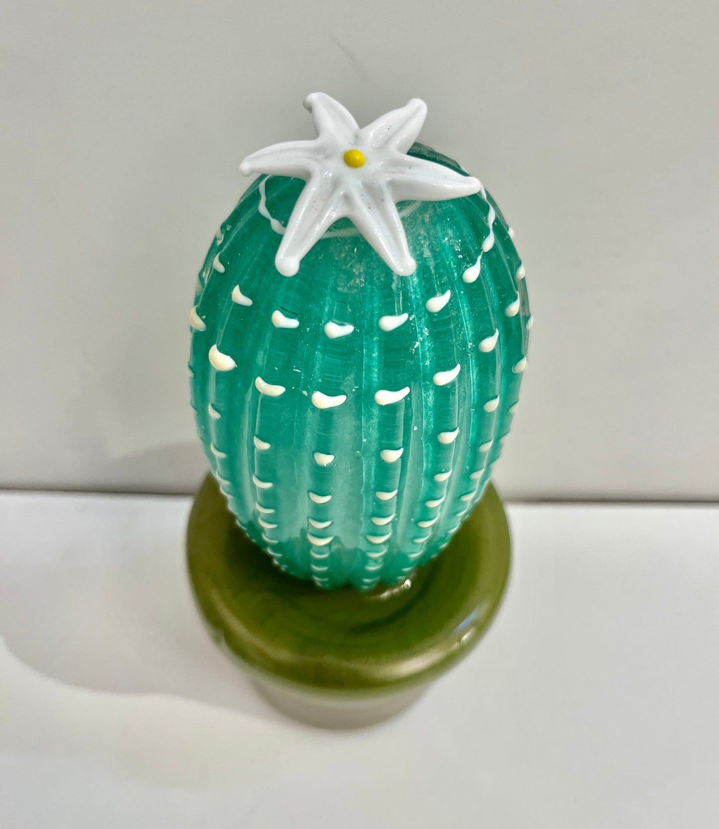 2000s Italian Moss Green Gold Murano Art Glass Cactus Plant with White Flower