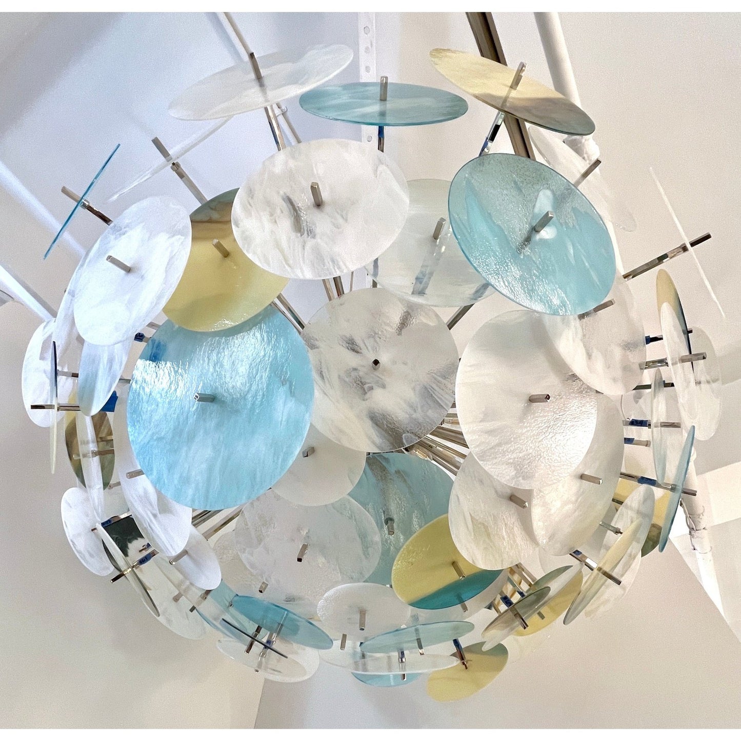 Modern Italian White Aqua Blue Yellow Murano Glass Nickel Sputnik Flushmount