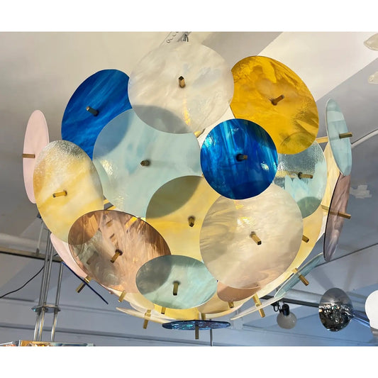 Contemporary Italian Amber White Aqua Vivid Blue Murano Glass Sputnik Flushmount