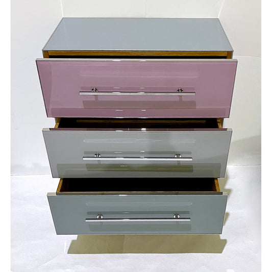 Bespoke Italian Post-Modern Pink Gray Glass 3-Drawer Nickel Chest Nightstand