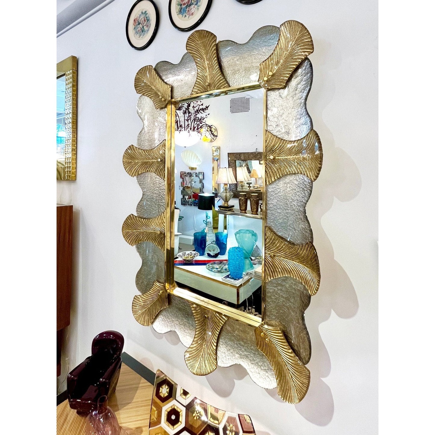 Bespoke Italian Pair of Art Deco Style Curved Leaf Murano Glass Brass Mirror