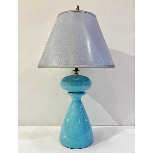 1960s French Pair of Aquamarine Blue Craquelure Glaze Ceramic Lamps with Stars