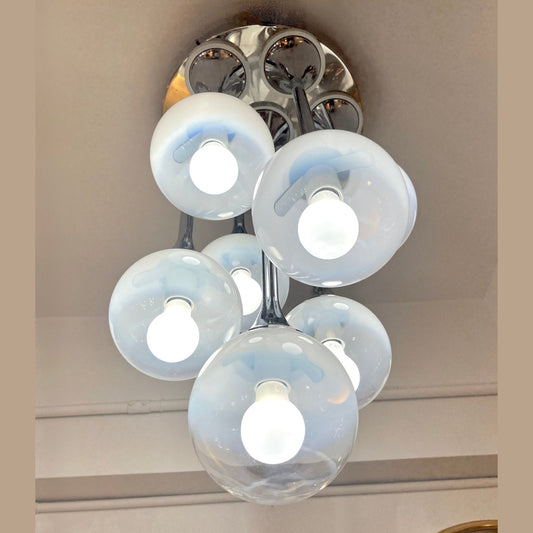 1960 Reggiani Italian Vintage 7 Milk Glass Globe Nickel Flush Pendant/Table Lamp