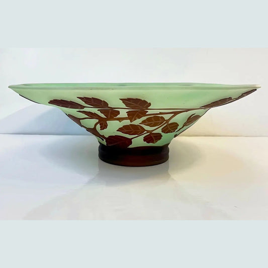 1970 Austrian Vintage Art Nouveau Rose Leaf Decor Green Brown Overlay Glass Bowl