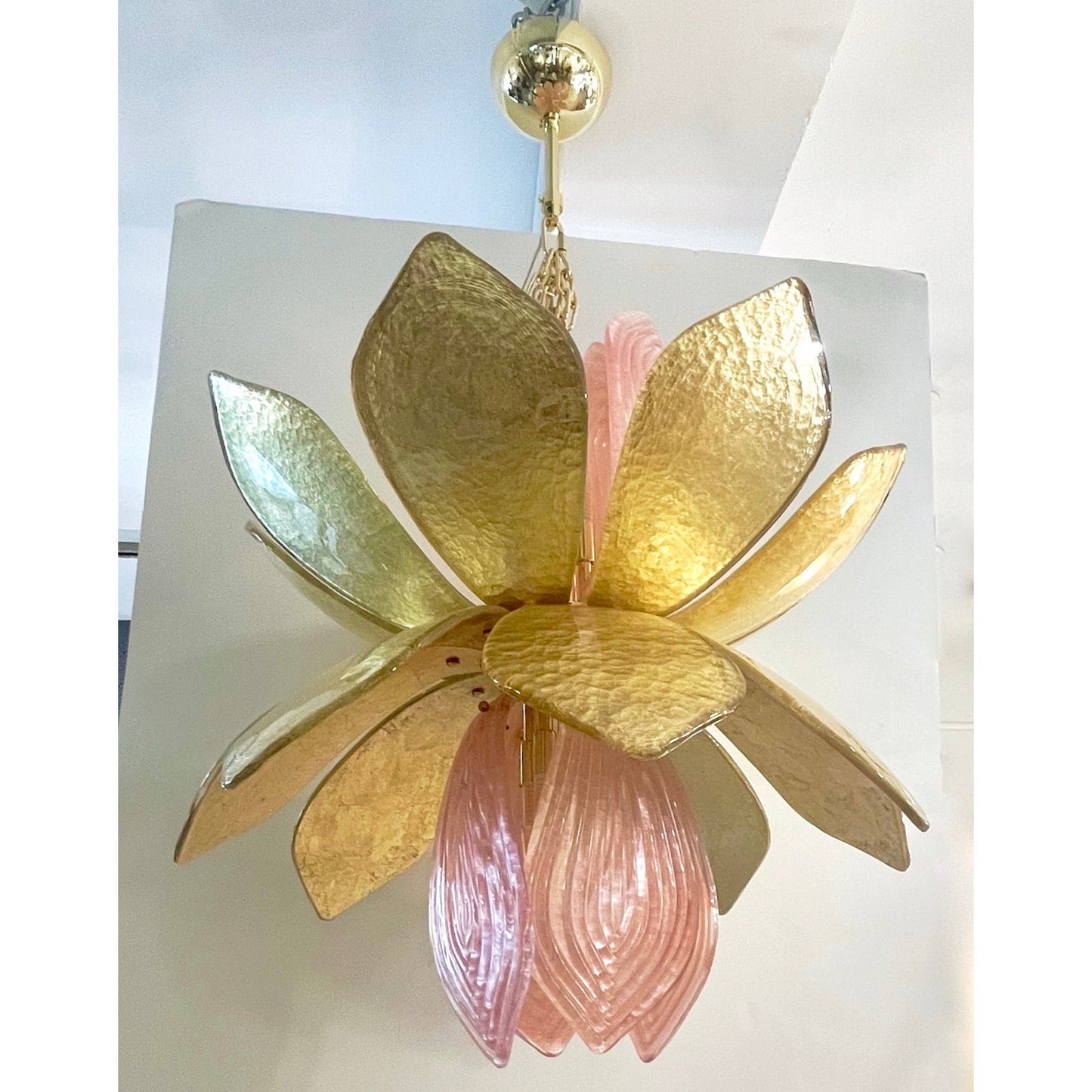 Contemporary Pair of Italian Pink Gold Murano Glass Brass Flower Chandeliers