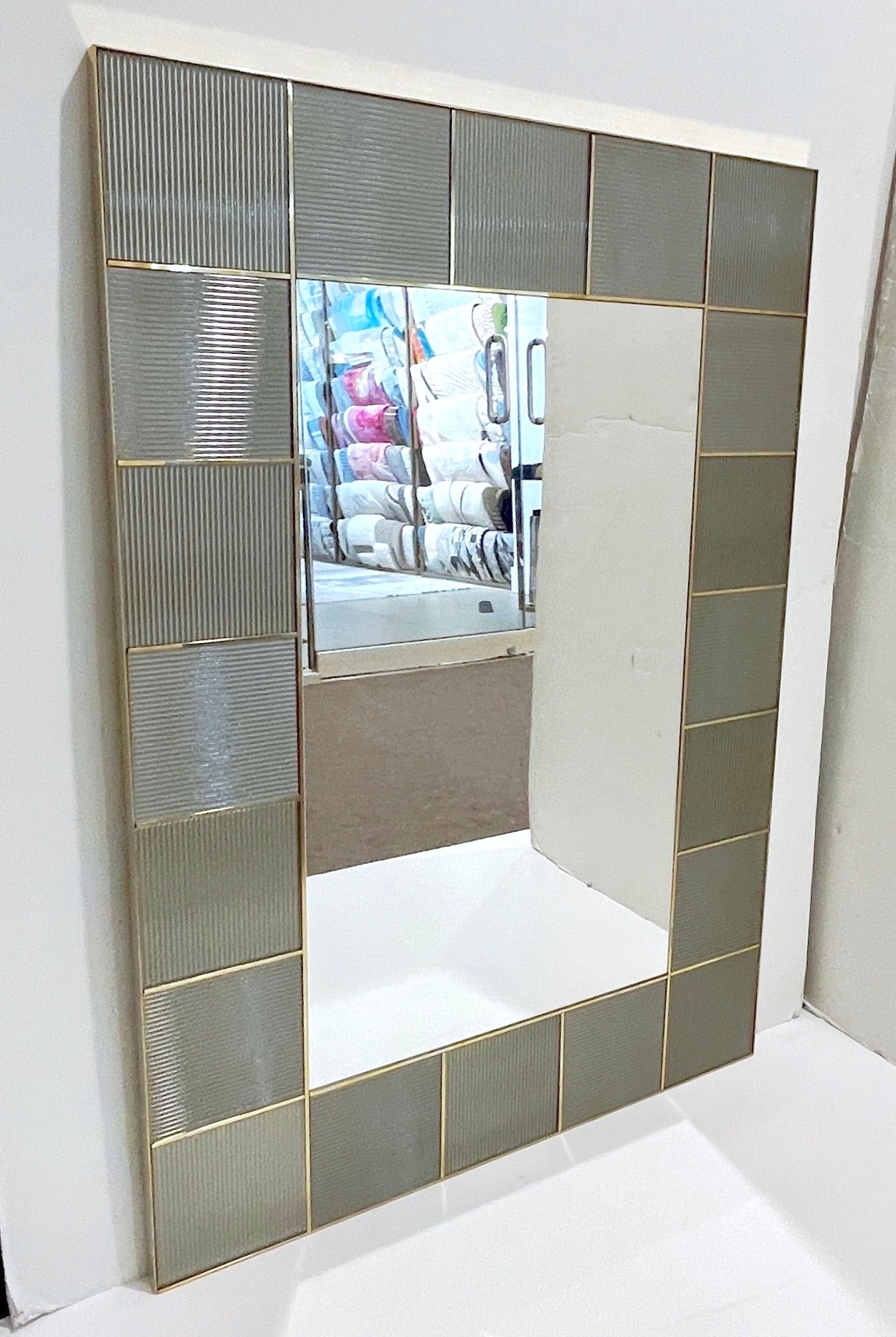 Custom Italian Art Deco Silver Gray Murano Glass Geometric Tile Brass Mirror