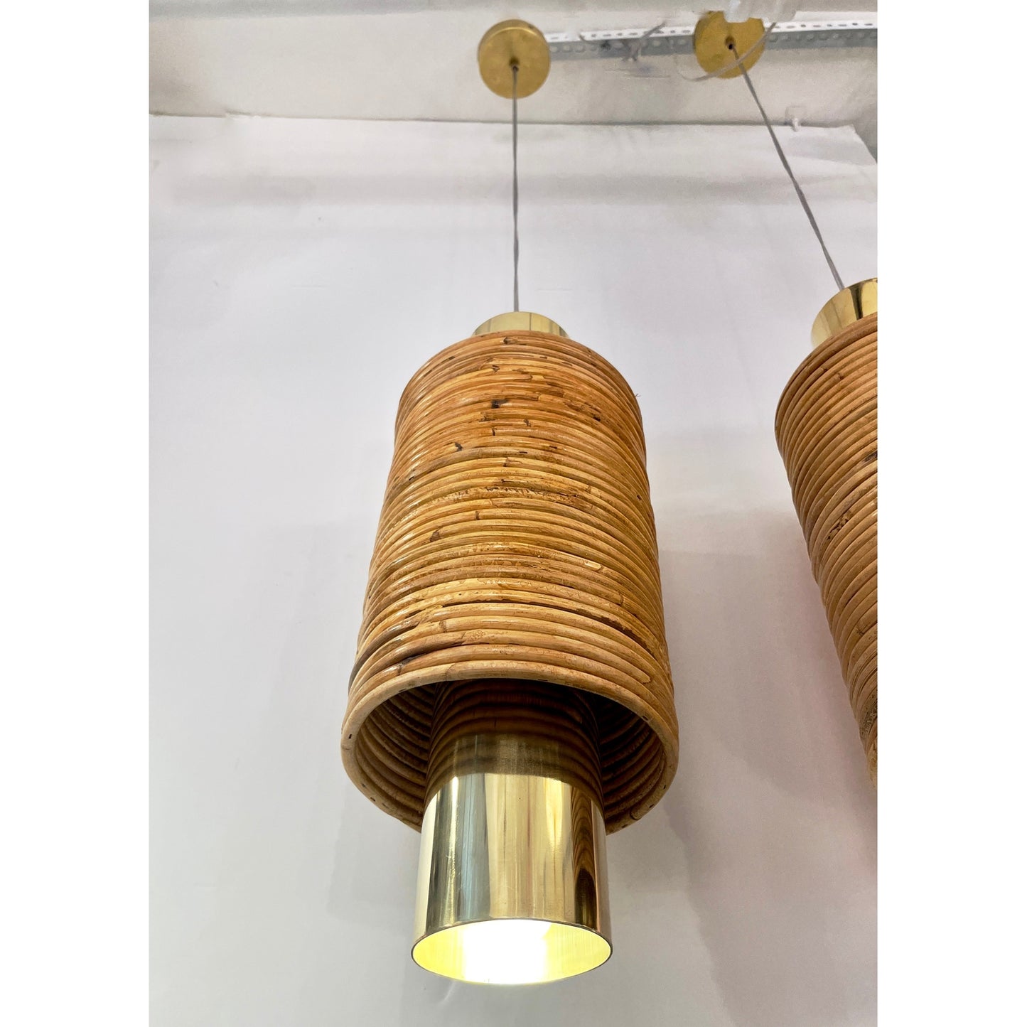 Contemporary Italian Customizable Circular Rattan Brass Pendant/Chandelier