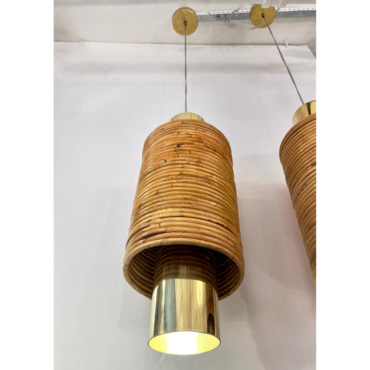 Contemporary Italian Customizable Circular Rattan Brass Pendant/Chandelier
