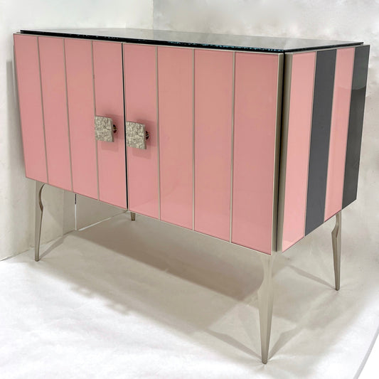 Customizable Modern Italian Art Deco Style Pink Black Stripe Glass Satin Nickel Cabinet /Bar