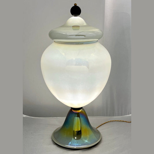 1990s Italian Pair of Tall Iridescent Glass Lamps / Urns Attributed to Seguso