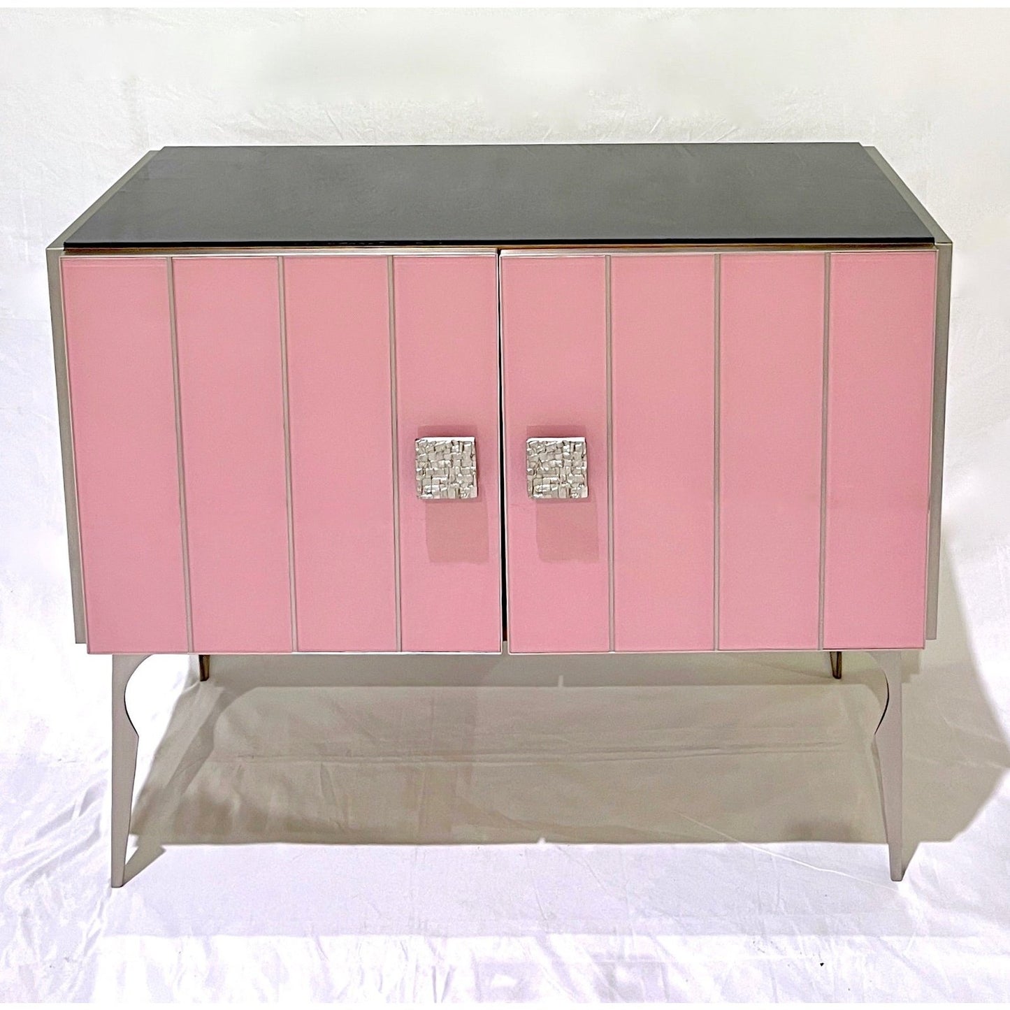 Modern Italian Custom Art Deco Style Pink Black Glass Satin Nickel Cabinet /Bar
