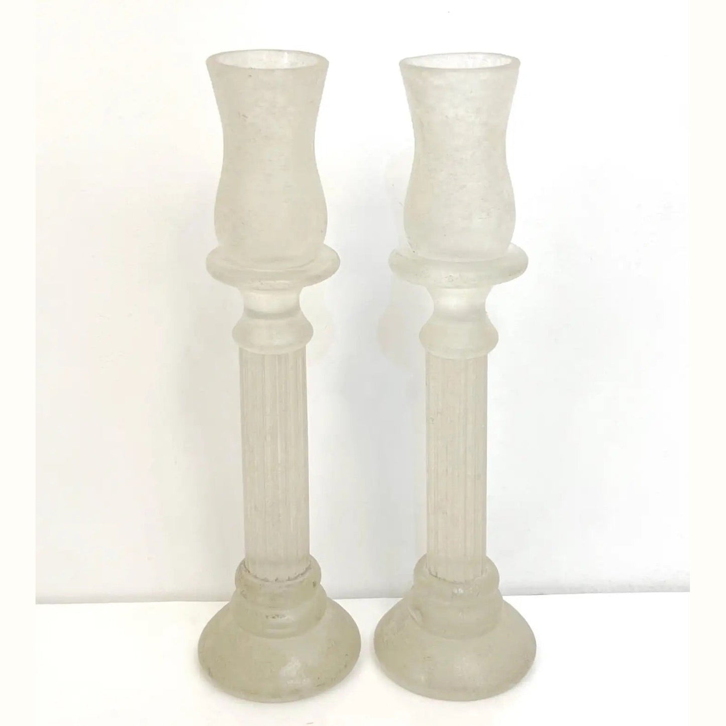 1950s Mid-Century Modern Italian White Grey Scavo Murano Glass Pair Candlesticks