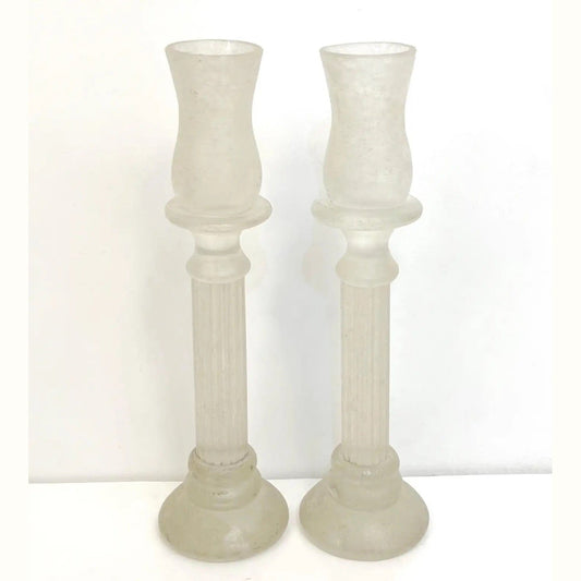 1950 Mid-Century Modern Italian Frosted White Murano Glass Candle Holders