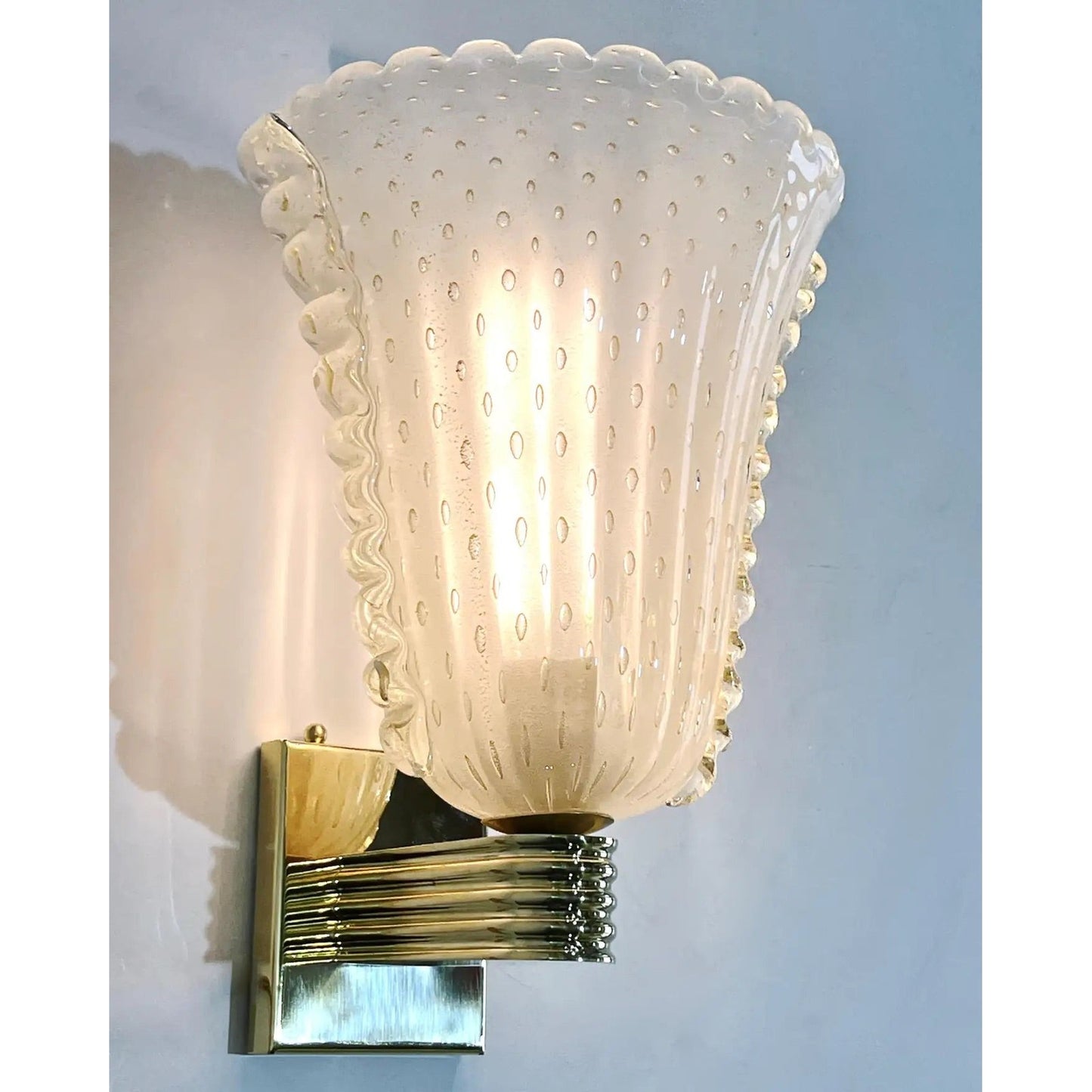 Contemporary Italian Art Deco Design Gold Leaf Frosted Murano Glass Bowl Sconces