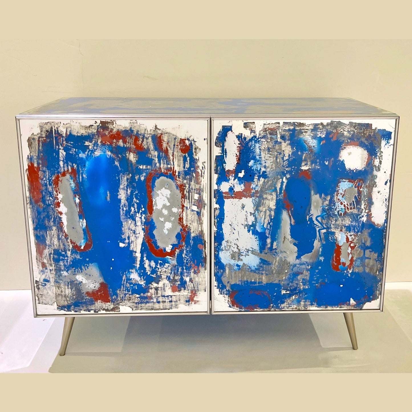 Italian Post Modern Abstract Art Blue Brown Satin Nickel Finish Mirror Cabinet