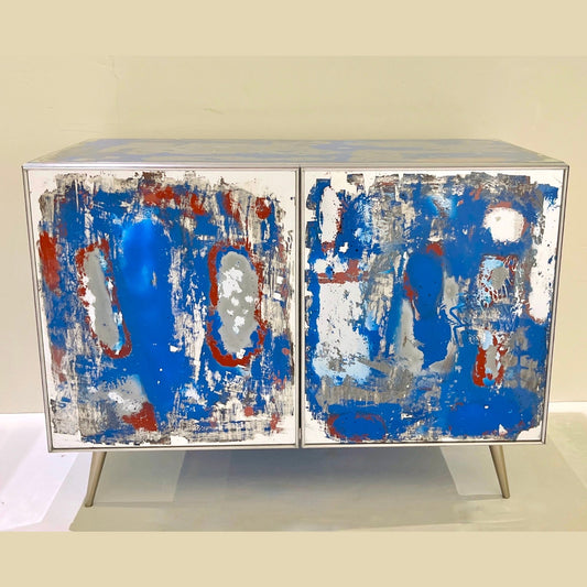 Italian Post Modern Abstract Art Blue Brown Satin Nickel Finish Mirror Cabinet