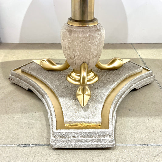 Italian Vintage Neoclassical Hollywood White Marble Center Table Brass Swan Base