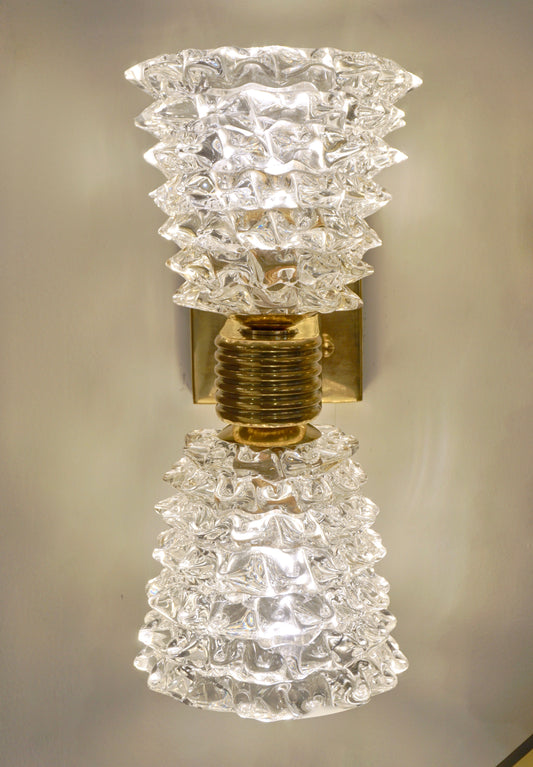 Contemporary Italian Rostrato Crystal Murano Glass & Brass Double-Lit Sconce