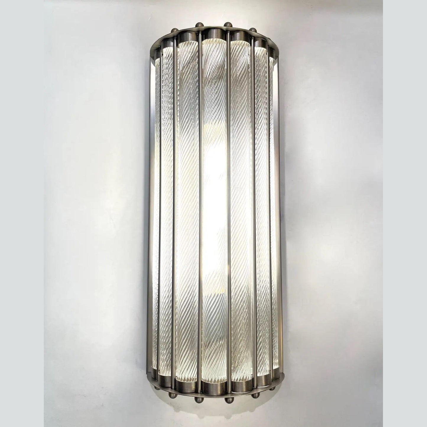 Italian Art Deco Design Pair Crystal Murano Glass Half Moon Satin Nickel Sconces