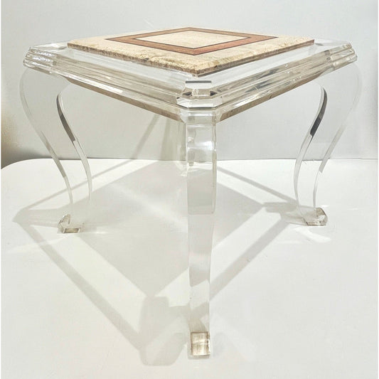 1970s Vintage Italian Lucite Pair of Tables with Encased Travertine & Marble Top