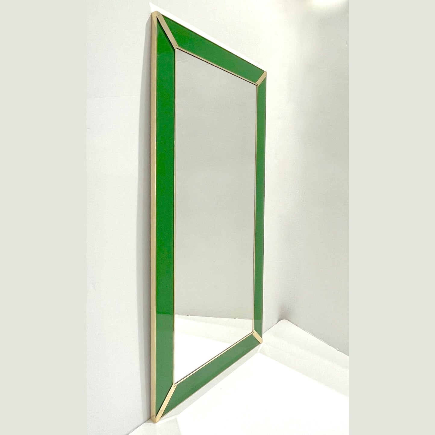 Contemporary Italian Minimalist Design Green Glass Mirror with Brass Accents