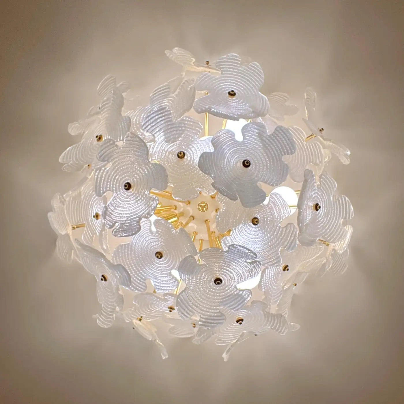 Contemporary Italian Brass & Satin White Murano Glass Flower Sputnik Flushmount