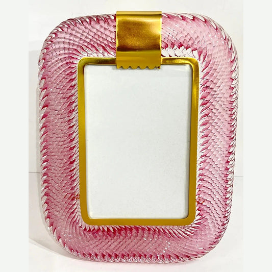 2010 Modern Italian Rose Pink Crystal Twisted Murano Glass Brass Picture Frame