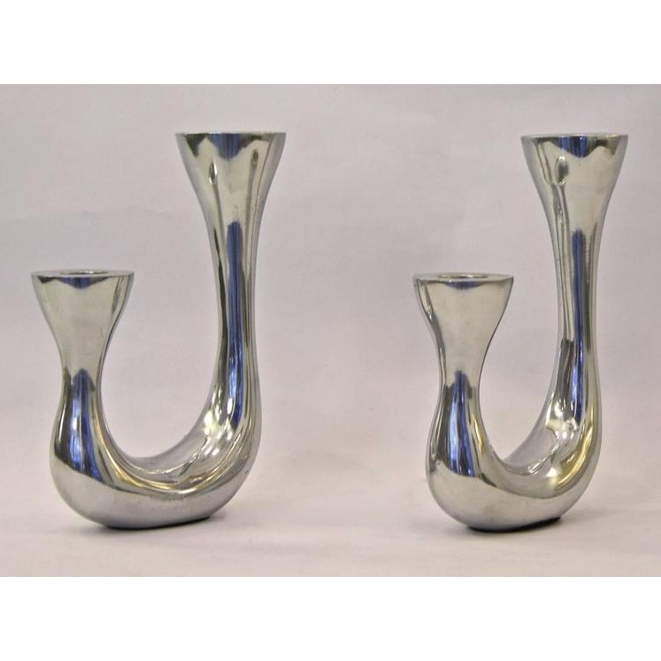 1970s Vintage Italian Pair of Polished Cast Aluminum Modern Candle Holders
