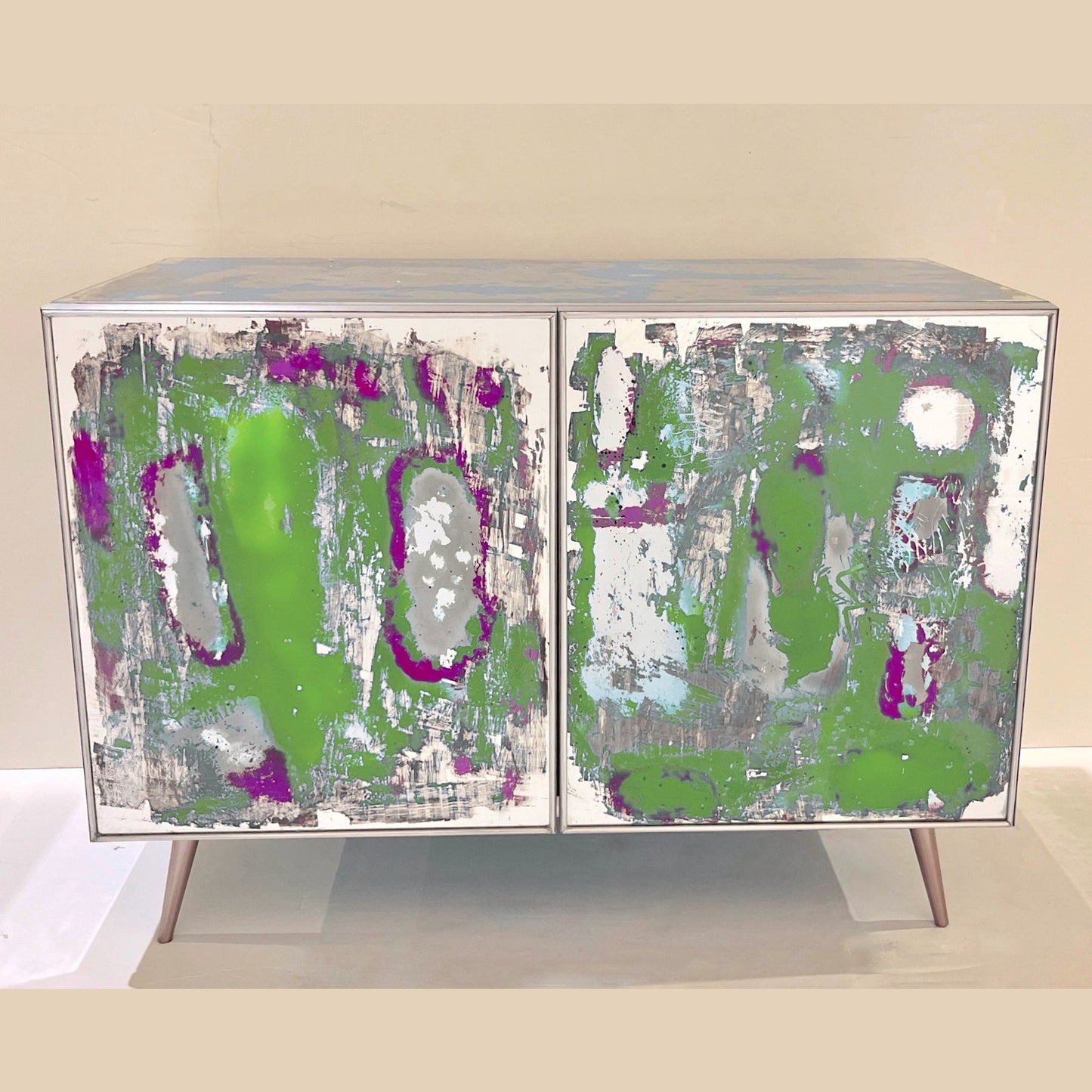 Italian Post Modern Abstract Art Green Purple Satin Nickel Finish Mirror Cabinet
