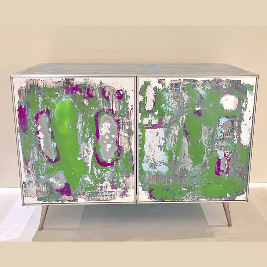 Italian Post Modern Abstract Art Green Purple Satin Nickel Finish Mirror Cabinet