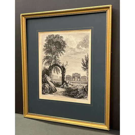 19th C. Antique English Chester Castle Gold Framed Green Mat Black White Etching