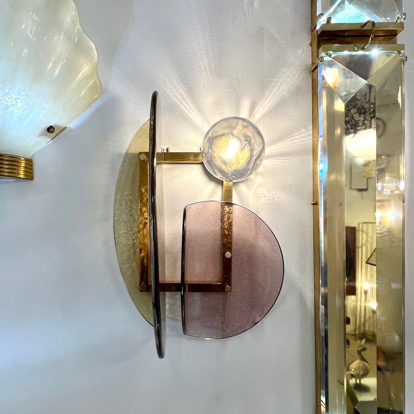 Contemporary Italian Mauve Plum Amber Murano Glass Post-Modern Gold Brass Sconce