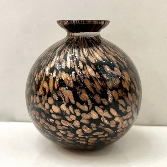 1991 Italian Murano Art Glass Black Copper Sommerso Single Flower Round Vase