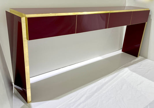 Bespoke Italian 4 Drawers Burgundy Wine & Brass Console Long Table/Sideboard