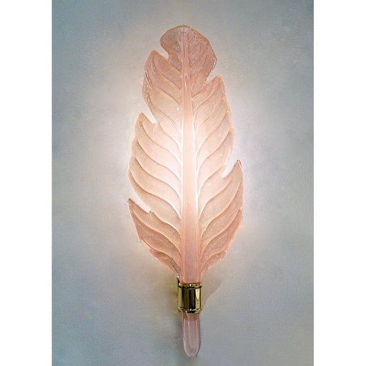 Contemporary Italian Art Deco Pink Murano Glass & Brass Feather Leaf Wall Light