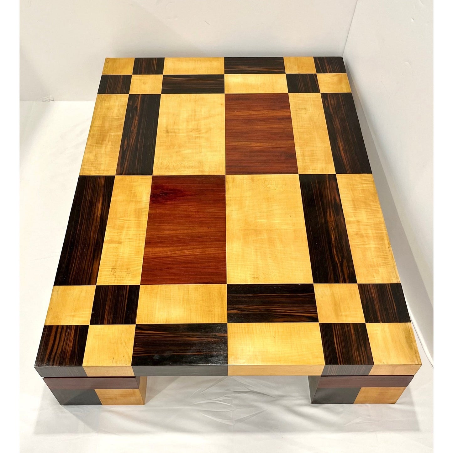 1970s Italian Vintage Walnut Cherrywood Maple Geometric Center Coffee Table