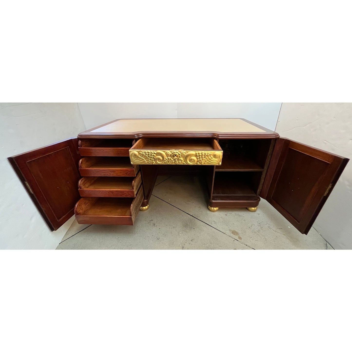 1920s French Art Deco Leather Writing Top Giltwood Carving Rosewood Desk